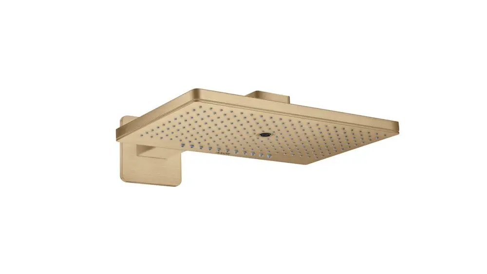 Duschenkopf in gebürstetem Bronze mit flacher Form, abgerundeten Kanten und Wasserstrahldüsen. Befestigungselemente sichtbar. Produkt von AXOR.